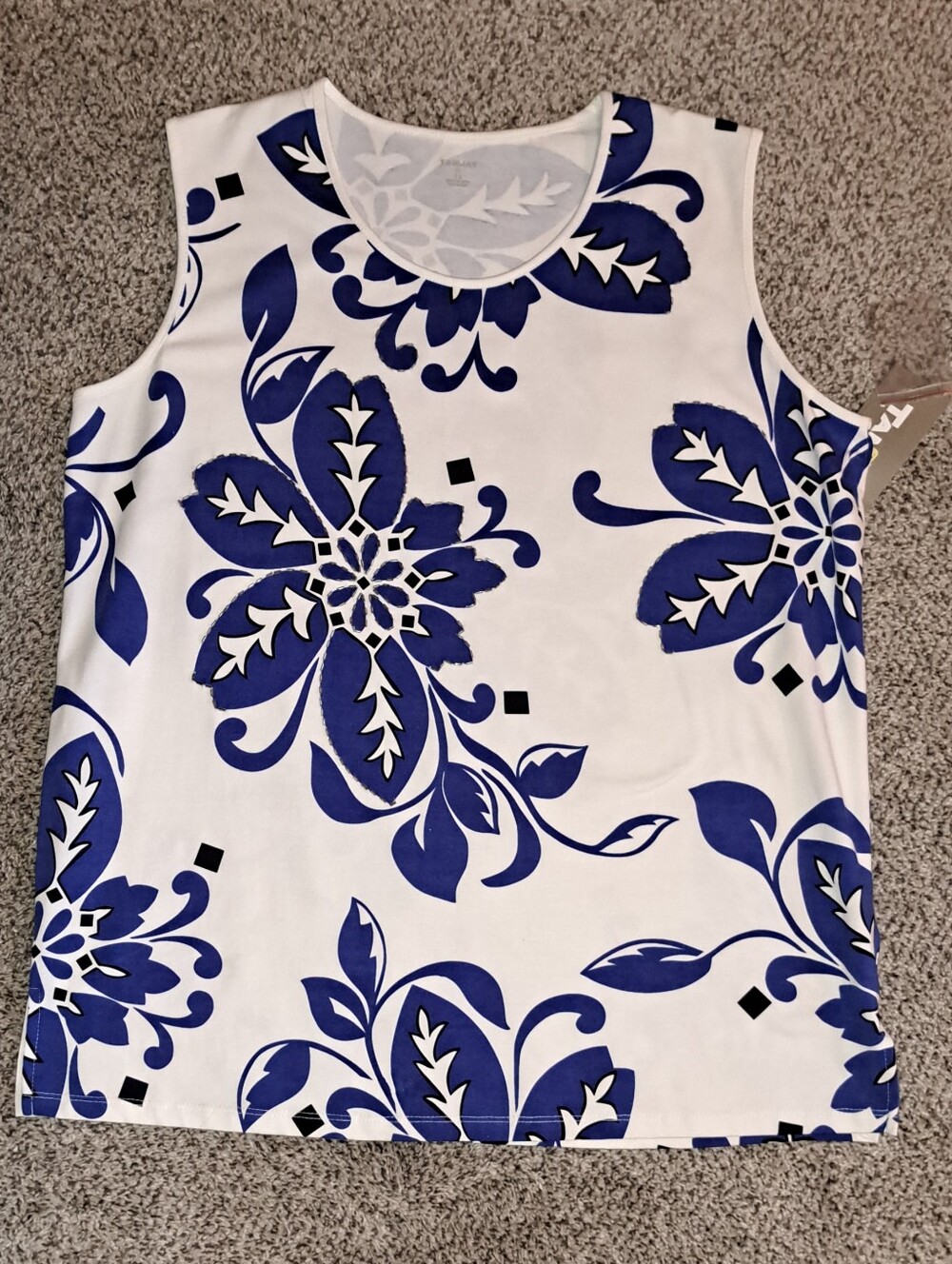 NWT TanJay White Blue & Black Floral Tank Top Beading & Slits Women's Size 1X